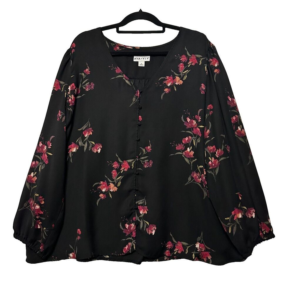 Ava & Viv Black Floral Button-Front Blouse
